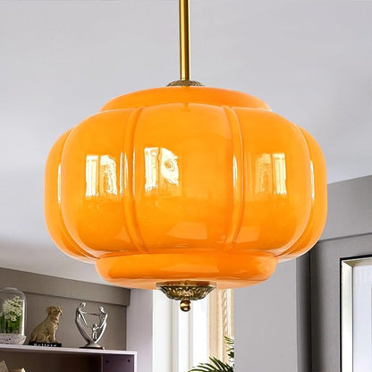 Milk Glass Pendant Light, 15 Inch Yellow Handblown Shade with Antique Brass Hardware, Adjustable Hanging Rod Vintage Chandelier, Dimmable E26 Base Fixture for Kitchen Island, Dining Room, Livingroom
