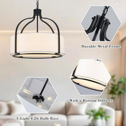 20.5'' Modern Black Drum Chandelier, 5-Light Large Farmhouse Chandeliers for Dining Room Hanging Light Fixture Drum Pendant Light with White Fabric Shade for Kitchen Living Room Foyer Entryway Bedroom