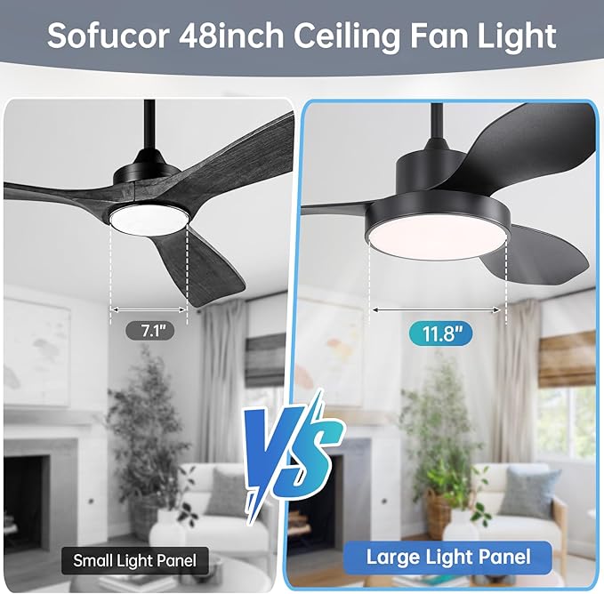 Sofucor 48 Inch Ceiling Fan with Lights Flush Mount Modern Outdoor Ceiling Fans with Remote,3 CCT Dimmable Quiet DC Motor & Timer for Patio/Bedroom/Farmhouse/Indoor (Black, 48 Inch/Remote Control)