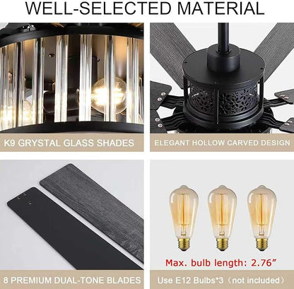 NKPU 52 Inch Farmhouse Crystal Ceiling Fans with Lights and Remote, Chandelier Industrial Ceiling Fan with Dual 8 Blades, 6 Speed Reversible Motor, Timing, Black Ceiling Fan for Living room Bedroom