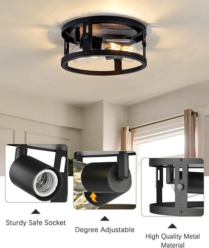 2 Pack Industrial Flush Mount Ceiling Light, 2-Light Black Metal Cage Ceiling Light Fixtures, Farmhouse Adjustable Ceiling Light for Hallway Kitchen Bedroom Entryway