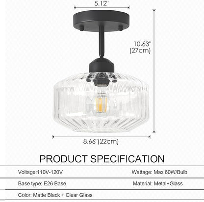 TeHenoo Modern Sloped Ceiling Light, Ribbed Clear Glass Flush Mount for Entryway, Hallway,Vaulted Ceiling,Matte Black