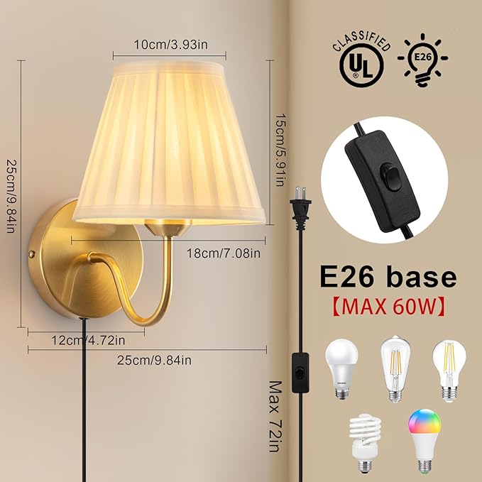 Plug in Wall Sconces Set of Two, Fabric Shade Wall Light with On/Off Switch, Plug in Wall Mount Lamps Wall Decor Set of 2, Gold Sconces Wall Lighting Fixture for Bedroom Bedside Living Room Porch