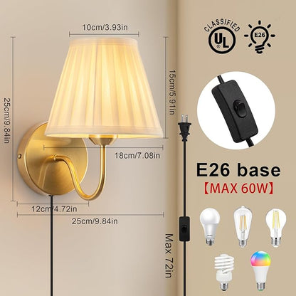 Plug in Wall Sconces Set of Two, Fabric Shade Wall Light with On/Off Switch, Plug in Wall Mount Lamps Wall Decor Set of 2, Gold Sconces Wall Lighting Fixture for Bedroom Bedside Living Room Porch