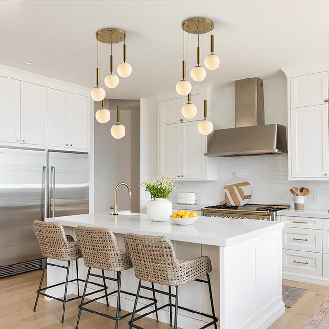KCO Lighting 5 Light Globe Chandelier Gold Cluster Pendant Light Fixture Modern Milk Glass Chandelier Large Round Kitchen Island Pendant Lighting Contemporary Chandeliers for Foyer Entryway