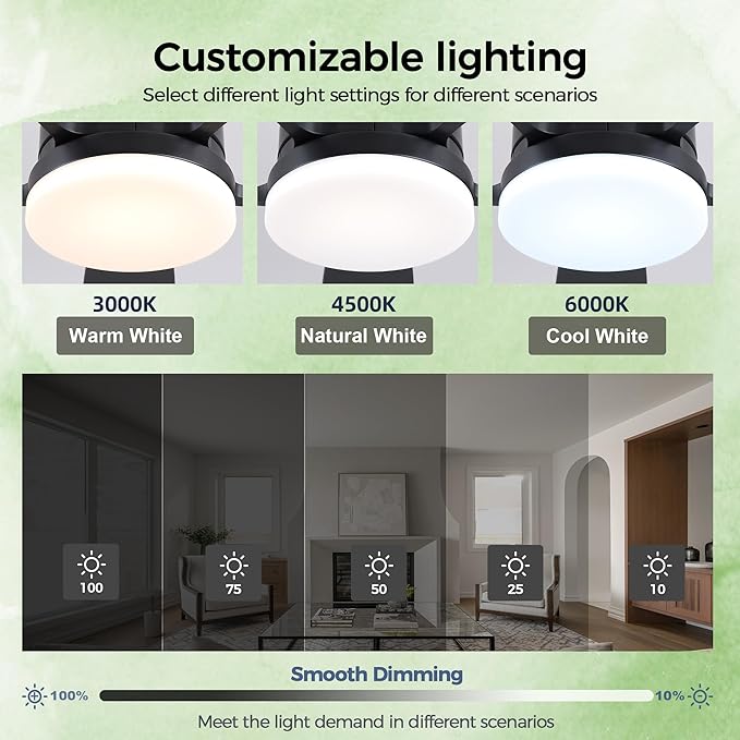 48” Ceiling Fans with Lights, Flush Mount Ceiling Fan with Light And Remote/APP, Low Profile Ceiling Fan with Light, Reversible, 6 Speed Noiseless LED Ceiling Fan, Black Ceiling Fan for Bedroom
