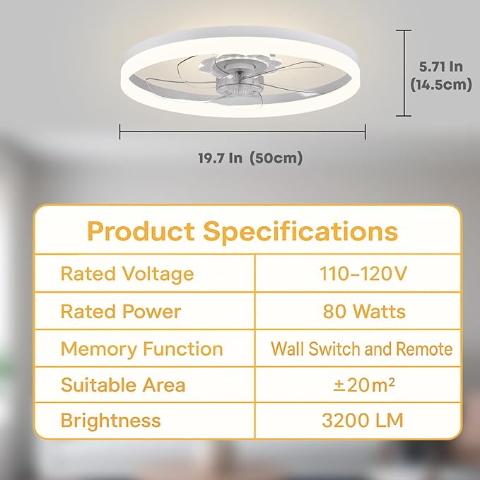 Fszdorj 20‘’ Ceiling Fan with Light, Upgraded Low Profile Fan, Flush Mount Ceiling Fan, 6 Speeds, Dimmable LED, App & Remote Control, Quiet DC Motor, for Bedroom, Living Room, F115 White