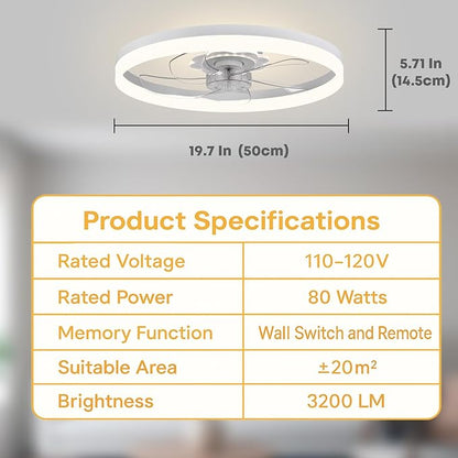Fszdorj 20‘’ Ceiling Fan with Light, Upgraded Low Profile Fan, Flush Mount Ceiling Fan, 6 Speeds, Dimmable LED, App & Remote Control, Quiet DC Motor, for Bedroom, Living Room, F115 White