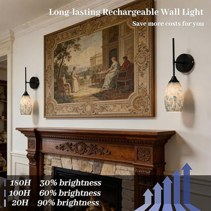 Wireless Battery Operated Wall Sconce Set Of 2，Rechargeable Wall Lights with Remote Control, Dimmable 3000K–6000K, Wireless Wall Sconces With Industrial Hand-Blown Art Glass for Bedroom Living Room
