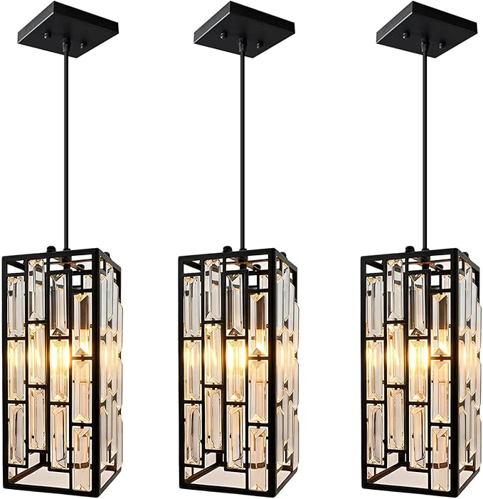 Black Crystal Pendant Lights for Kitchen Island, 3 Pack Modern Mini Hanging Light Fixtures with Adjustable Cord, E26 Ceiling Pendant Lighting for Dining Room, Entryway, Hallway, Bar