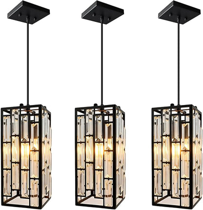 Black Crystal Pendant Lights for Kitchen Island, 3 Pack Modern Mini Hanging Light Fixtures with Adjustable Cord, E26 Ceiling Pendant Lighting for Dining Room, Entryway, Hallway, Bar