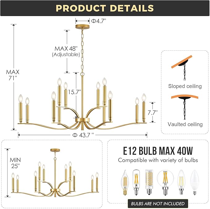 12 Light Gold Living Room Chandelier High Ceiling Foyer Candle Chandelier Large Modern Brass 44in Metal Chandeliers Hanging Light for Master Bedroom Dining Room Light Fixture Over Table
