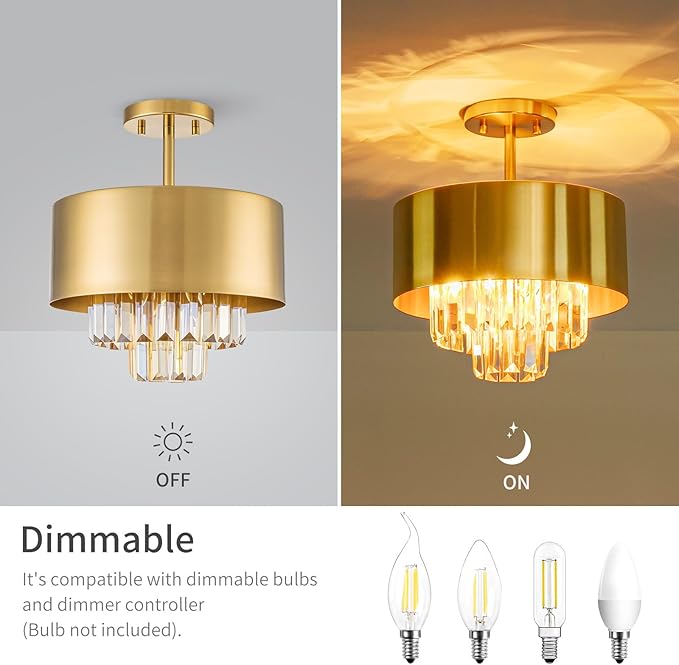 LumFurn 3-Light Luxury K9 Crystal Ceiling Light for Living Room, Foyer, Bedroom, Close to Ceiling Semi-Flushmount Light Fixture, Brass Finish Metal Lampshade & Champagne Crystal Pendant