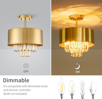 LumFurn 3-Light Luxury K9 Crystal Ceiling Light for Living Room, Foyer, Bedroom, Close to Ceiling Semi-Flushmount Light Fixture, Brass Finish Metal Lampshade & Champagne Crystal Pendant