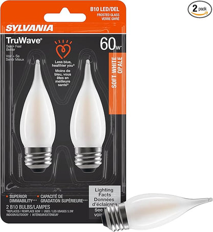 Sylvania LED TruWave Natural Series Candelabra Light Bulb, 60W Soft White Medium Base, Dimmable, Frosted, Candle Tip - 2 Pack
