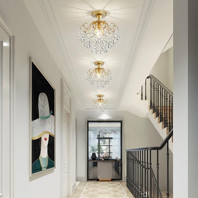 WUZUPS Crystal Chandelier Flushmount Ceiling Light Modern Lighting Fixture for Bedroom Hallway Bar Kitchen Bathroom, H 13.4" x W 12.6", E26 Base, Gold