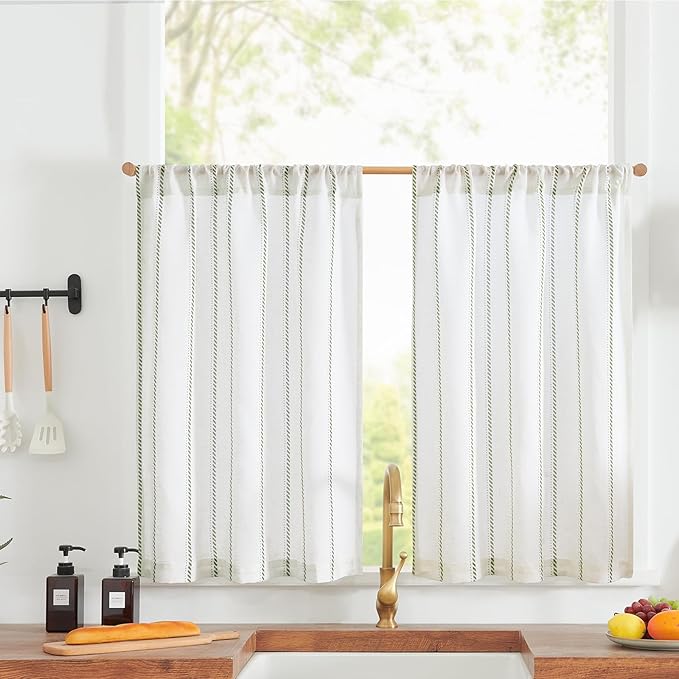 jinchan Linen Striped Kitchen Curtains Tier Cafe Curtains for Living Room Bathroom RV 36 Inch Farmhouse Rustic Half Window Treatment Light Filtering 2 Panels Green on White
