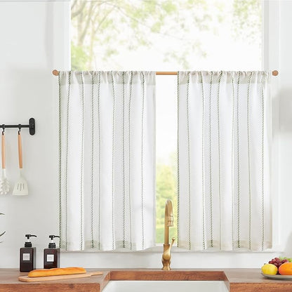 jinchan Linen Striped Kitchen Curtains Tier Cafe Curtains for Living Room Bathroom RV 36 Inch Farmhouse Rustic Half Window Treatment Light Filtering 2 Panels Green on White