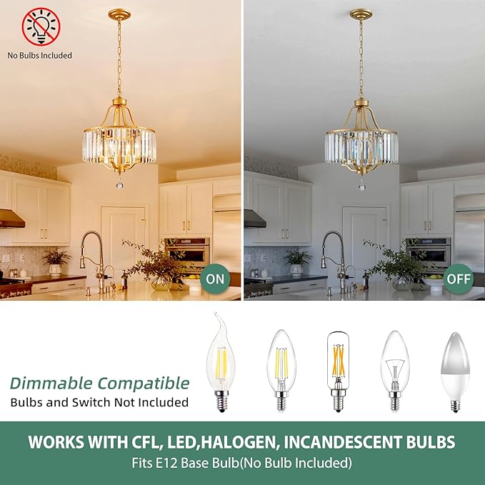 Crystal Chandelier - Rustic Gold Pendant Light - 15.7 Inch Diameter Height Adjustable Modern Ceiling Light - Ideal for Dining Rooms, Kitchens, Living Rooms