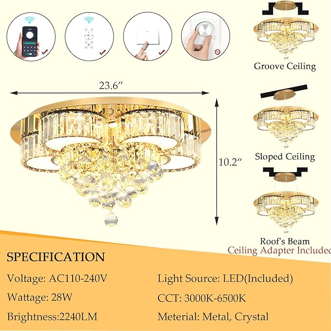23.6" Gold Modern Crystal Chandeliers for Dining Room LED Dimmable Light Fixtures Flush Mount Light Living Room Bedrooms