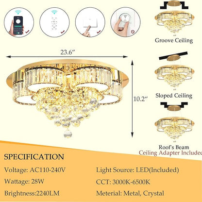 23.6" Gold Modern Crystal Chandeliers for Dining Room LED Dimmable Light Fixtures Flush Mount Light Living Room Bedrooms