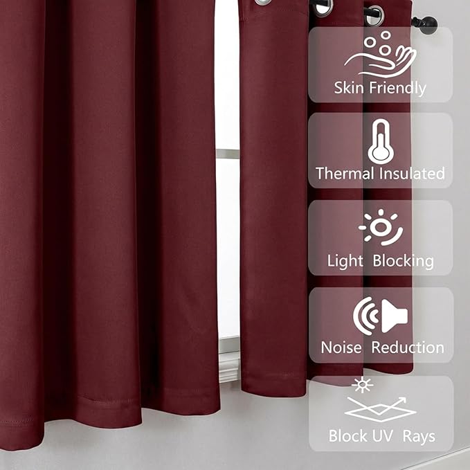 Simplebrand Burgundy Window Valance for Kitchen 14 Inches Long 2 Panels Set, Room Darkening Valance Curtains for Living Room, Grommet Short Privacy Kitchen Curtains for Bedroom Kids Room, 40Wx14L