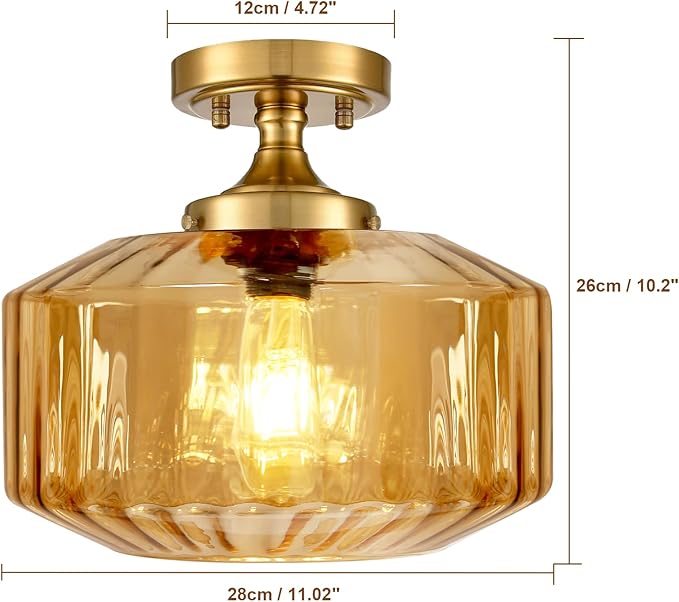 2-Pack Amber Glass Semi Flush Mount Ceiling Light, 11.02" Mid Century Modern Gold Close to Ceiling Light Fixtures, Farmhouse Flush Mount Lamps for Bedroom Hallway Kitchen Entryway Foyer