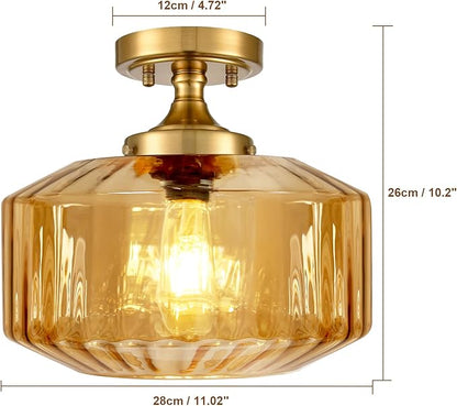 2-Pack Amber Glass Semi Flush Mount Ceiling Light, 11.02" Mid Century Modern Gold Close to Ceiling Light Fixtures, Farmhouse Flush Mount Lamps for Bedroom Hallway Kitchen Entryway Foyer