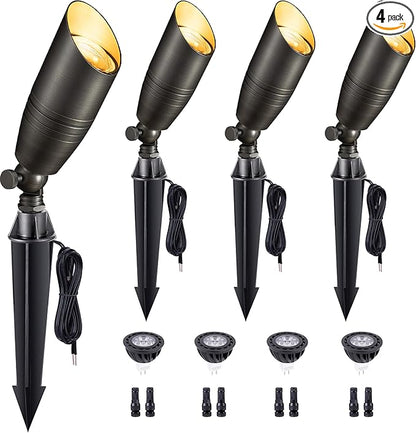 Gardenreet Brass Landscape Lighting - Low Voltage Spotlights Outdoor LED, 12V Wired Uplights, Waterproof Spot Lights, Bronze for Outside Trees with 5W 5000K Daylight MR16 Bulb (4 Pack)