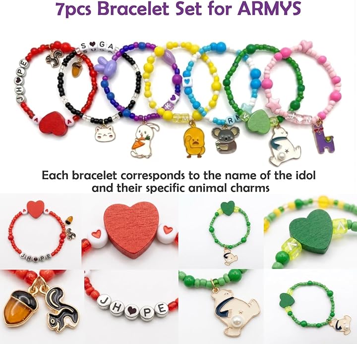 7 PCS Army‘s Bracelets Set - K-pop Inspired Friendship Beaded Bracelets with Letters & Charms - Unique Dream Jewelry Gifts Merch