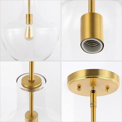 JONATHAN Y 13.25" Brass Gold/Clear Mid-Century Modern 1-Light LED Pendant Light Fixture, Adjustable Schoolhouse Hanging Lamp for Kitchen Island, Clear Glass Shade, LED Bulb Included (JYL6401C)