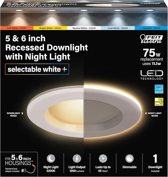 Feit Electric 5-6" LED Recessed Downlight with Night Light Mode, 75W Equivalent, Dimmable, 5CCT Selectable White, 90 CRI, 1000 Lumens, 45-Year Lifetime, LEDR56/NL/5CCTCA/RP