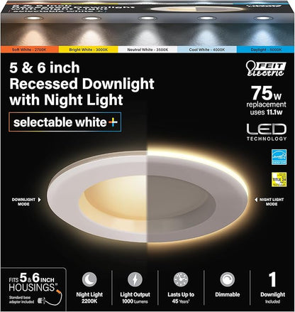 Feit Electric 5-6" LED Recessed Downlight with Night Light Mode, 75W Equivalent, Dimmable, 5CCT Selectable White, 90 CRI, 1000 Lumens, 45-Year Lifetime, LEDR56/NL/5CCTCA/RP