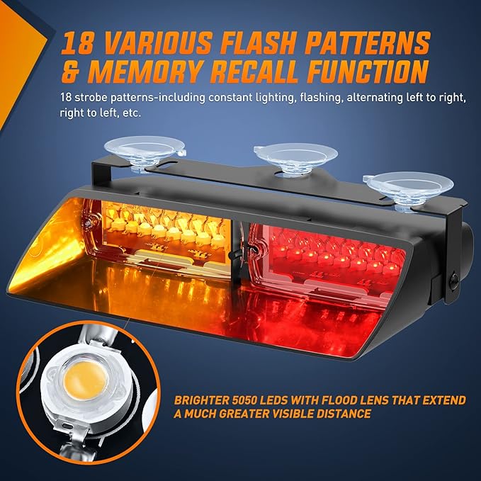Nilight Emergency Strobe Lights, Windshield Hazard Warning Safety Flash Lights with Suction Cups, 16 LEDs, Amber and Red, ABS Housing, 2 Year Warranty