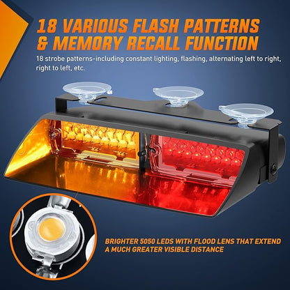 Nilight Emergency Strobe Lights, Windshield Hazard Warning Safety Flash Lights with Suction Cups, 16 LEDs, Amber and Red, ABS Housing, 2 Year Warranty