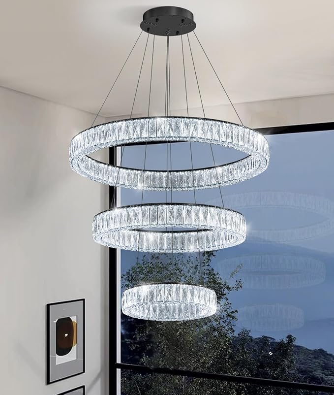 HAIXIANG Modern Glam Chandelier Crystal LED Remote Rings Chandelier Adjustable Hanging Ceilings Pendant Lights Fixture Gold 16"+24"+32" Rings Lighting