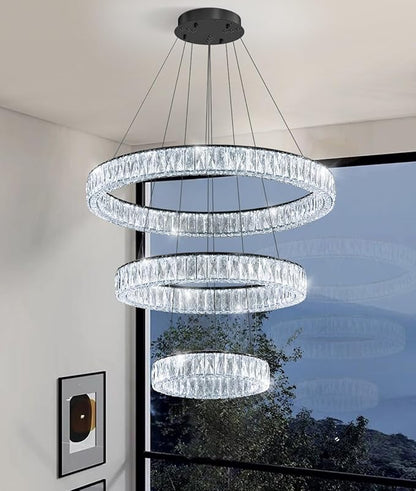 HAIXIANG Modern Glam Chandelier Crystal LED Remote Rings Chandelier Adjustable Hanging Ceilings Pendant Lights Fixture Gold 16"+24"+32" Rings Lighting