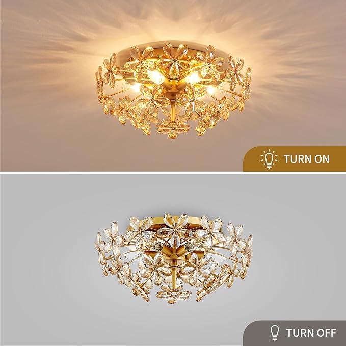 Modern K9 Crystal Chandeliers, Chic Style Close to Ceiling Light Fixture for Living Room, Bedroom, Dining Room, D18 x H8 in, Champagne Flower Crystal & Gold Finish Frame