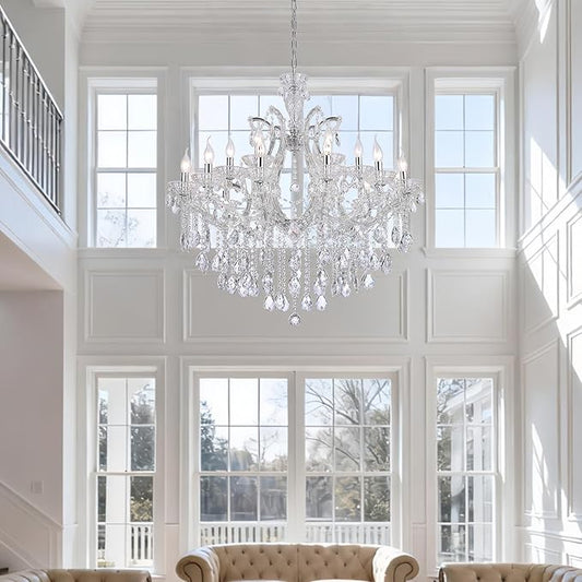 Modern Large Crystal Chandelier for High Ceiling, 18 Lights 2 Layers Luxury Maria Theresa Chrome Chandelier Light Fixtures for Dining Room, Living Room, Foyer, Staircase, Lobby