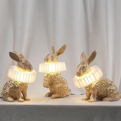 Gold Standing Bunny Lamp, Resin Scarf Rabbit Table Lamp with White Pleated PC Lampshade, USB Plug LED Nightstand Lamp, Cute Bedside Night Light for Bedroom Nursery Home Decor