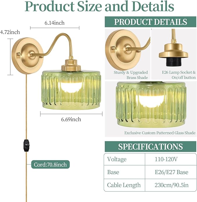 ZECOXOL Vintage Plug in Wall Sconces Dimmable Wall Sconces of Two,Wall Lamps with Plug in Cord & Flower Glass Lampshade,Gold Sconces Wall Decor Set of 2 Plug in Wall Lights Sconces for Bedroom