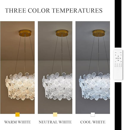 Flower Elegant Crystal LED Chandelier D20’’ Brushed Gold Contemporary for Dining Room Dimmable Flush Mount High Ceiling Chandeliers with Remote Control for Entryway Bedroom(3000K-6500K)