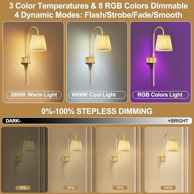 ZECOXOL Vintage Battery Operated Wall Sconces Set of 2, Gold Rechargeable Wireless Wall Lamp Lights with Fabric Lampshade & LED Remote Bulb,Dimmable Flower Wall Sconce for Bedroom Living Room Hallway