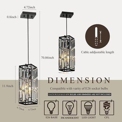 Crystal Pendant Lights for Kitchen Island, Pendant Lighting Modern Pendant Light, Adjustable Pendant Light Fixture for Kitchen (Black, Square-2pcs)