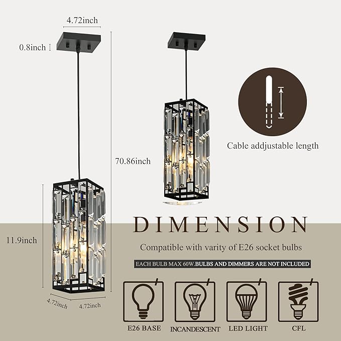 Black Hanging Kitchen Island Modern Concise Crystal Pendant Light Fixture, Adjustable Mini Crystal Pendant Lights Kitchen Island for Kitchen, Dining Room, and Bedroom (3 Pack)