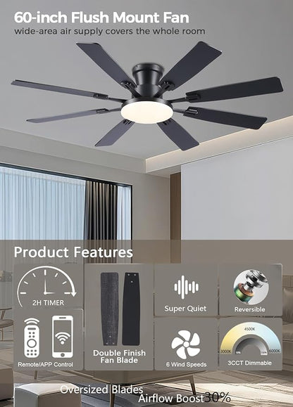 JSAITEE 60Inch Ceiling Fan with Lights and Remotes, Large Low Profile Flush Mount Ceiling Fans,DC Reversible Motor, 3CCT Dimmable,Noiseless,Dual Finish, Black 6 Speeds Ceiling Fan for Indoor/Outdoor