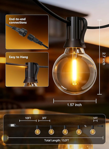 Brightown Outdoor String Lights, 152FT Shatterproof LED Patio Lights with 48 Dimmable Plastic G40 Bulbs, 2700K Waterproof Connectable Hanging String for Backyard, Cafe, Porch, Deck, Home Decor