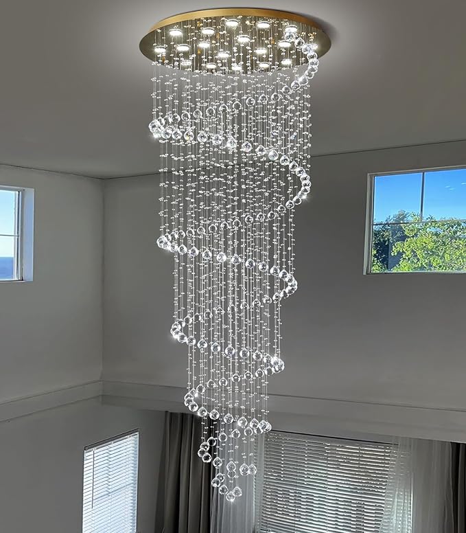HAIXIANG W40 x H118in Gold Chandelier with LED Bulbs Glam Crystal Light Hight Ceiling Lighting Fixtures for Living Staircase Foyer Entryway