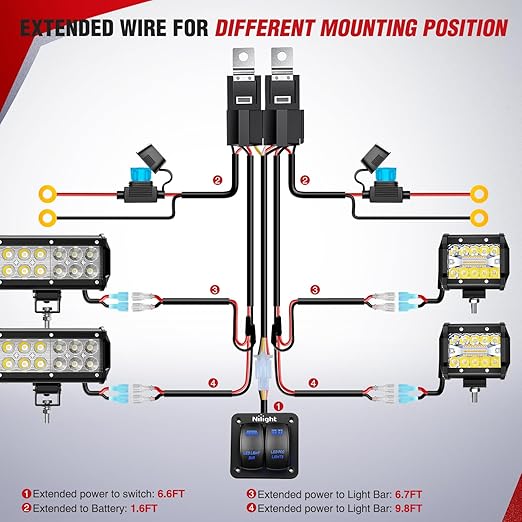 Nilight 16AWG LED Light Bar Wiring Harness Kit 12V On/Off 2 Gang Rocker Switch Panel Power Relay Blade Fuse 5Pin Toggle Switches for Cars Boat ATV Trucks-4 Leads