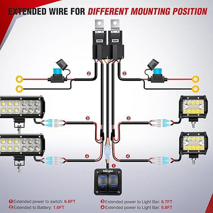 Nilight 16AWG LED Light Bar Wiring Harness Kit 12V On/Off 2 Gang Rocker Switch Panel Power Relay Blade Fuse 5Pin Toggle Switches for Cars Boat ATV Trucks-4 Leads